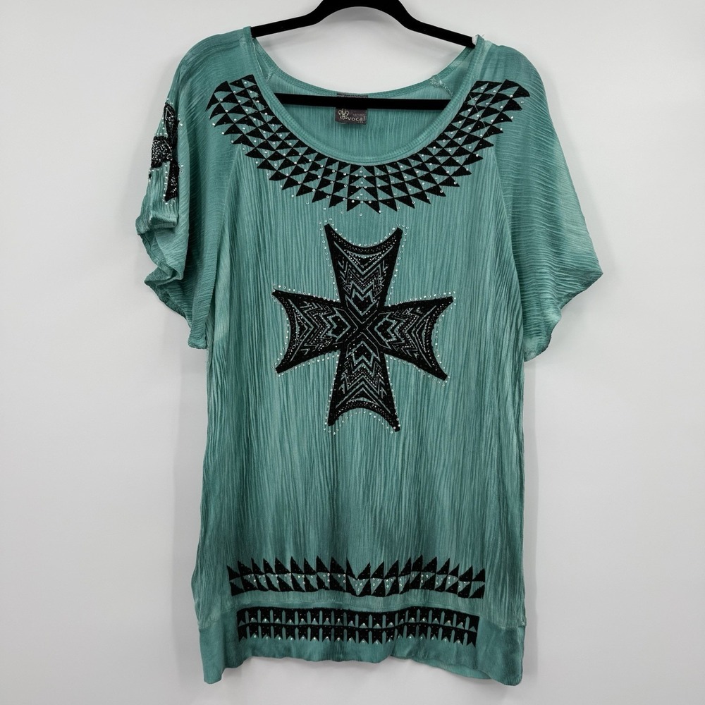 Vocal Tee Shirt Top Womens Large Teal  Embellished Western‎ Cowgirl Bling Grunge